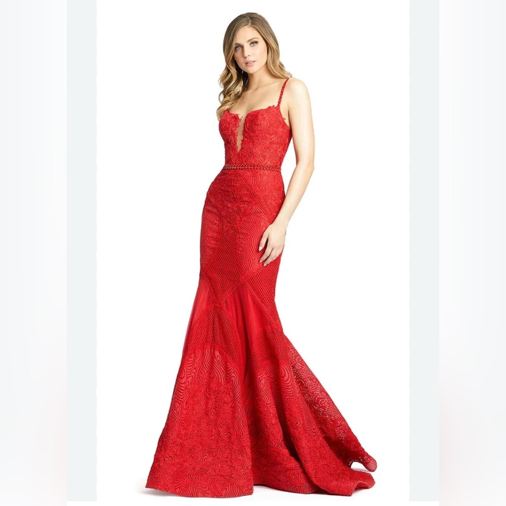 Mac Duggal Vibrant Red Lace Prom Dress